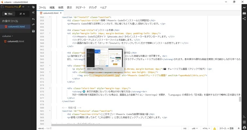 コード上で画像パスにホバーし、小さなサムネイル画像がポップアップ表示されている画面